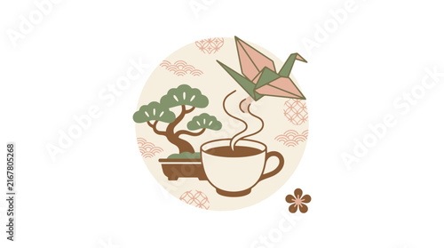 Japanese illustration with coffee cup bonsai tree and origami crane. SVG Editable. Vector Illustrations.
