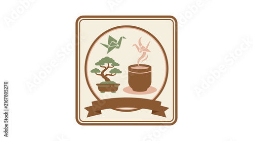 Japanese tea logo with bonsai and origami. SVG Editable. Vector Illustrations.