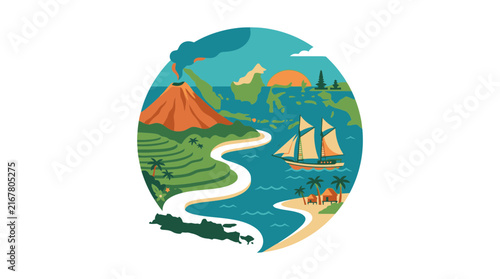 Java Island Indonesia travel illustration with volcano sea and ship. SVG Editable. Vector Illustrations.