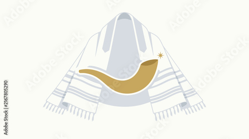 Jewish prayer shawl tallit and shofar horn vector illustration. SVG Editable. Vector Illustrations.