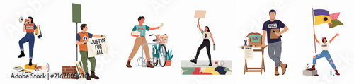 Diverse Group of Activists Advocating for Social Justice, Environmental Protection, Human Rights, and Sustainability in a Flat Illustration Style