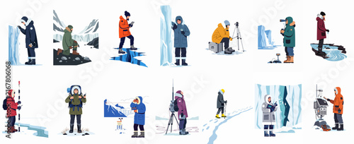 Flat vector illustration set of diverse scientists and researchers conducting various environmental studies and exploration in a cold, icy arctic or glacial landscape.