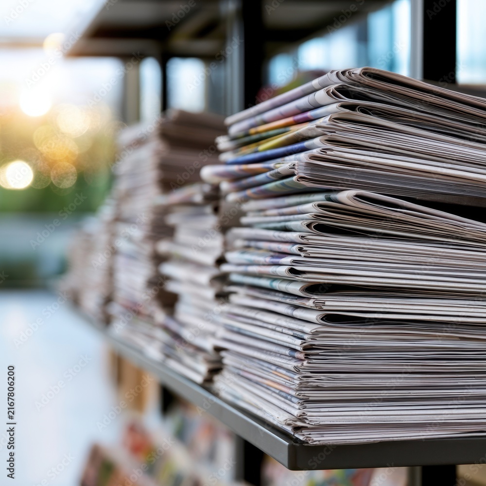 Obraz premium Stacks of freshly printed newspapers arranged neatly on display shelves in a well-lit modern bookstore or newsstand environment during daytime
