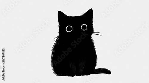 minimal hand painted black cat with large expressive eyes on a clean white background concept for nursery decor stationery children illustration printable artwork and modern design