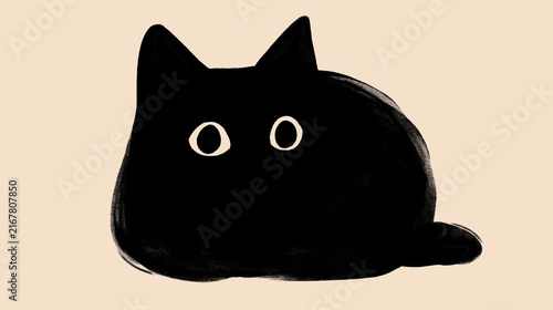 minimalist hand painted black cat in a relaxed loaf pose on a warm neutral background concept for nursery decor stationery children illustration and printable artwork