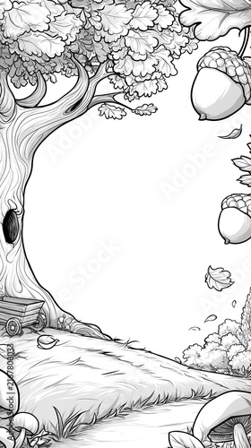 woodland coloring page background with an oak tree acorns mushrooms and open central space concept for children education printable activity books creativity and learning