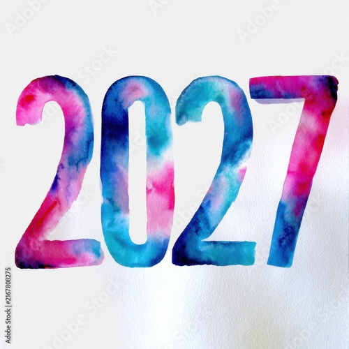Artistic watercolor digits forming the year 2027 in vibrant blue, pink, and purple hues on a white textured background for festive design ideas