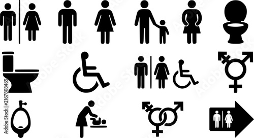 Vector set of diverse restroom signs featuring male female accessible and toilet icons for public facilities and wayfinding systems

