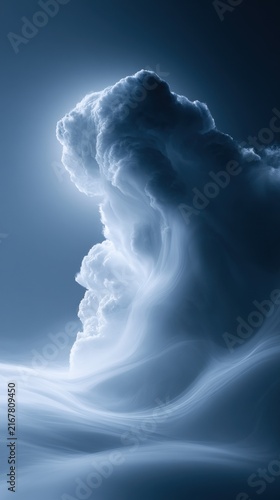 Majestic towering cumulus cloud formation illuminated by soft light against a serene blue sky with flowing wispy layers below