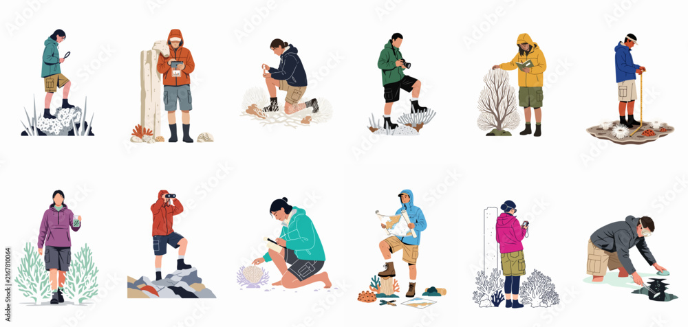 Fototapeta premium Set of illustrated people engaging in various outdoor and hiking activities such as birdwatching, photography, and exploring nature on a white background.