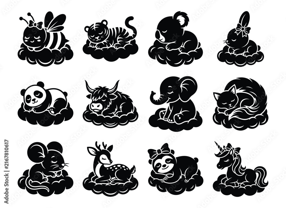 Naklejka premium Set of sleeping baby wild and fantasy animals resting on clouds with sleeping collection illustration