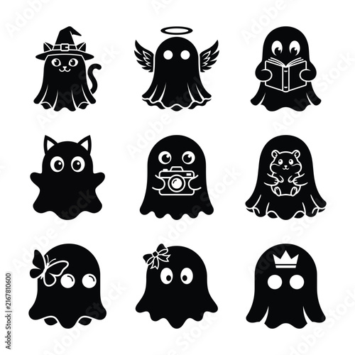 Set of cute black ghost icons and characters doing various activities with character halloween collection