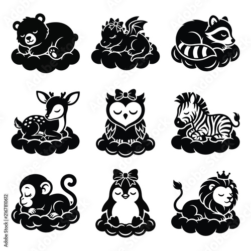 Set of sleeping baby animals resting peacefully on fluffy clouds with sleeping collection illustration