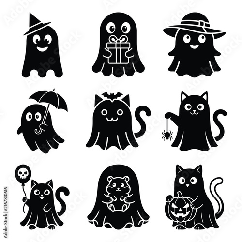Set of cute halloween ghosts and black cats with festive accessories halloween collection character