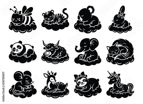 Set of sleeping baby wild and fantasy animals resting on clouds with sleeping collection illustration