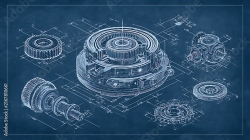Detailed technical blueprint showcasing mechanical gear assemblies and industrial engine parts in classic blue tones. Perfect for engineering presentations and manufacturing.