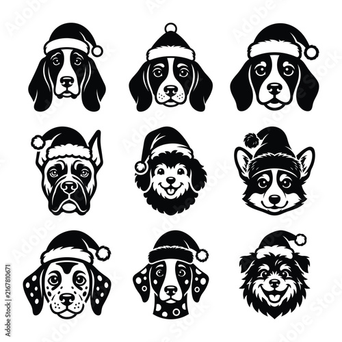 Christmas dogs set with various breeds wearing santa claus hats in black and white silhouette