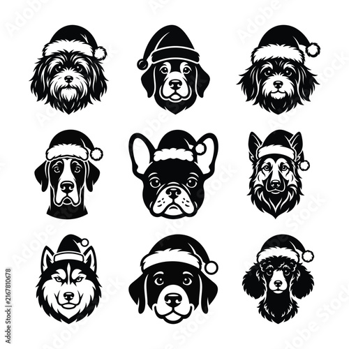 Variety of cute dog breeds wearing christmas santa hats in black silhouette vector style with christmas dogs
