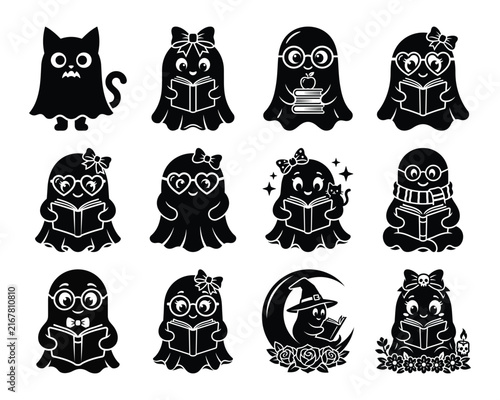Set of cute ghost characters reading books and wearing glasses for education with education