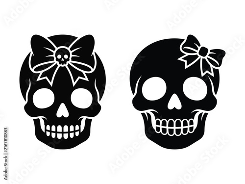 Set of two black and white gothic skulls decorated with cute hair bows skeleton illustration halloween