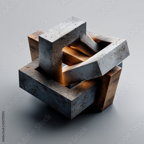 Abstract Modern Art Sculpture Made of Concrete and Wood with Geometric Shapes and Creative Design