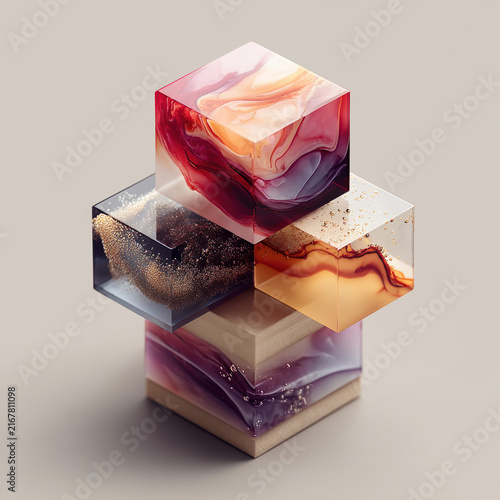 Elegant abstract art with colorful marbling patterns on three transparent glass cubes stacked vertically