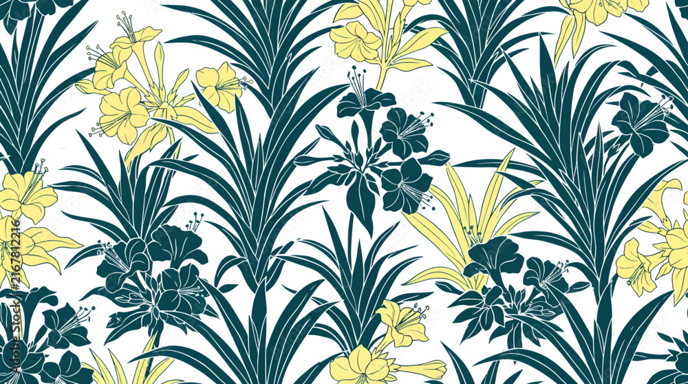 Fototapeta premium Tropical plant pattern with blue leaves and yellow flowers on decorative textile design.