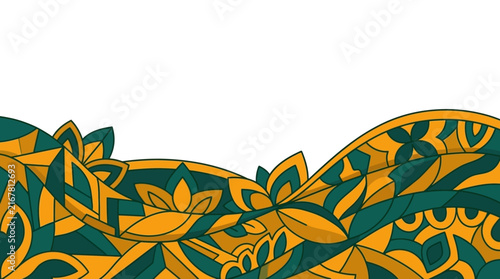 teal yellow ornamental abstract pattern decorative border stylized floral organic shapes copy space graphic design.