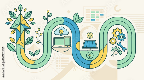 sustainable technology and engineering solutions diagram depicting innovative green energy and digital transformation for business and environmental progress.