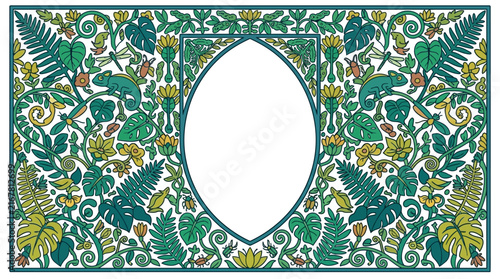 tropical border jungle frame a botanical illustration with lush foliage chameleons and insects perfect for design copy space.