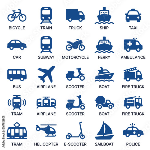 Comprehensive set of transport icons and vehicle symbols representing delivery logistics, public transportation, and shipping travel for web and app