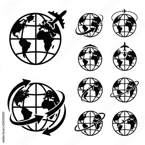 Earth globe - Graphic set of global travel icons with airplane icon and world map elements, ideal for logistics symbol design and international