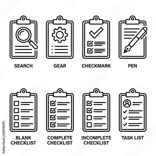 Professional Set of Minimalist Checklist and Clipboard Icons Representing Project Management, Business Productivity, and Efficient Task Tracking