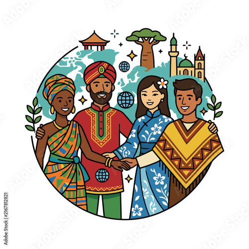 A vibrant illustration celebrating global diversity and multicultural unity within a community of people from across the world.