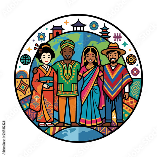 Diversity - Diverse international group representing global unity and culture standing together in front of a world map with traditional landmarks.