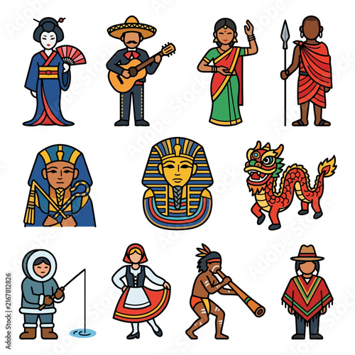 Explore global diversity and rich culture through this collection of traditional characters representing international heritage and ethnic world