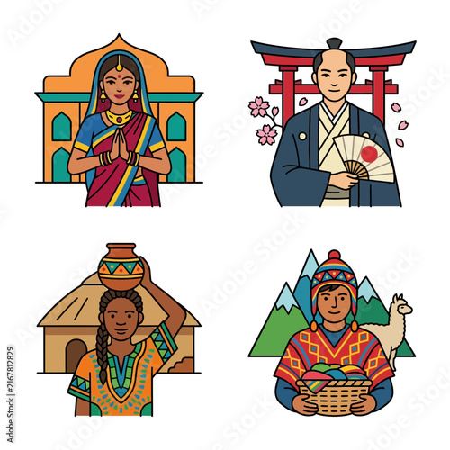 A vibrant illustration of global culture and diversity featuring traditional people from India Japan Africa and South America in native attire.