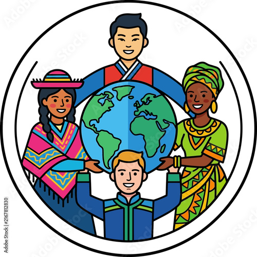 A diverse group of people from around the world holding a globe together, symbolizing global unity, peace, and multicultural cooperation.