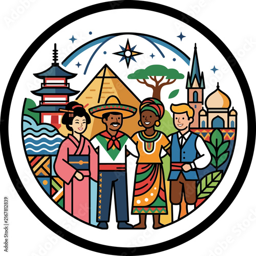 A global unity and diversity emblem that celebrates world culture and heritage with people and landmarks in a harmonious circle.