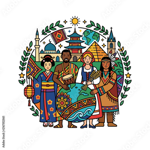 A vibrant illustration of multicultural people celebrating world diversity and culture while standing together around the globe with global landmarks.