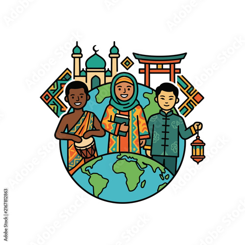 Global unity and religious diversity shown through a multicultural group of people representing world harmony and cultural heritage on earth.