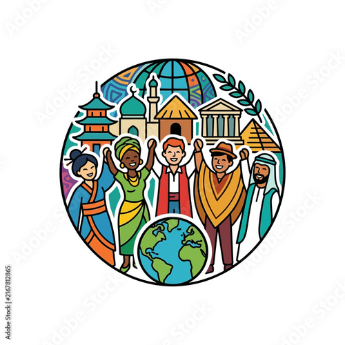 Global unity and cultural diversity among diverse people holding hands around the world with international landmarks and earth globe icons.