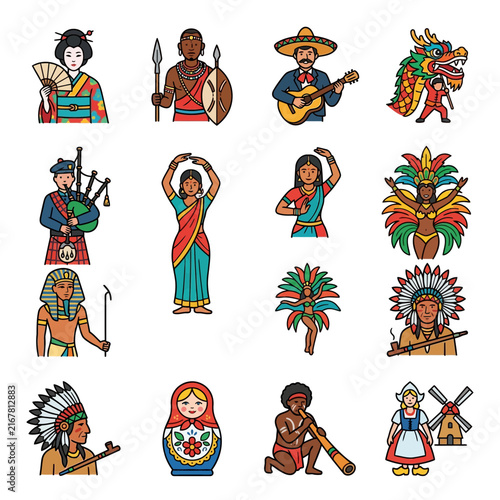 Illustration of Global Culture and Diversity with People in Traditional Costume and Ethnic Clothing representing World Heritage and Identity