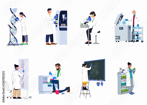 Flat vector illustration set of diverse scientists and researchers working with laboratory equipment DNA microscopes and plants in various scientific settings