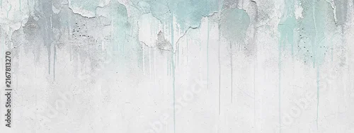 Panel kuchenny z motywem Distressed watercolor wall texture, abstract teal and grey paint drips on white background, artistic weathered plaster surface