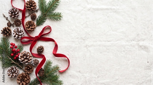 Festive Christmas border with pine cones fir branches red ribbon and berries on textured background