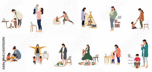 Flat illustration set of mothers balancing work-from-home life with parenting and childcare in various everyday domestic scenes against a white background.