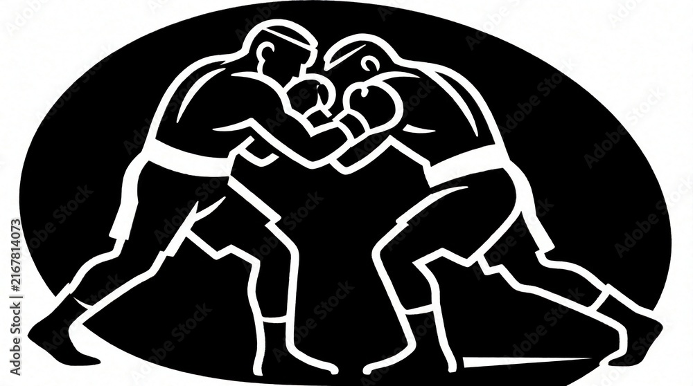 Fototapeta premium Two boxers face off in a black ring, preparing for a fight. Their stances show readiness for combat, athletic prowess, and intense concentration.