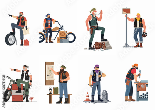 Set of flat vector illustrations depicting various biker characters engaged in activities like traveling, repairing motorcycles, and planning road trips.