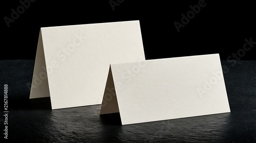 Two blank folded white paper cards standing on a dark textured surface. Ideal for professional event seating or menu place card mockups.